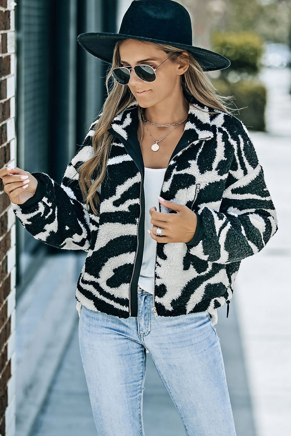 Zebra Teddy Zip-Up High Neck Jacket | Black