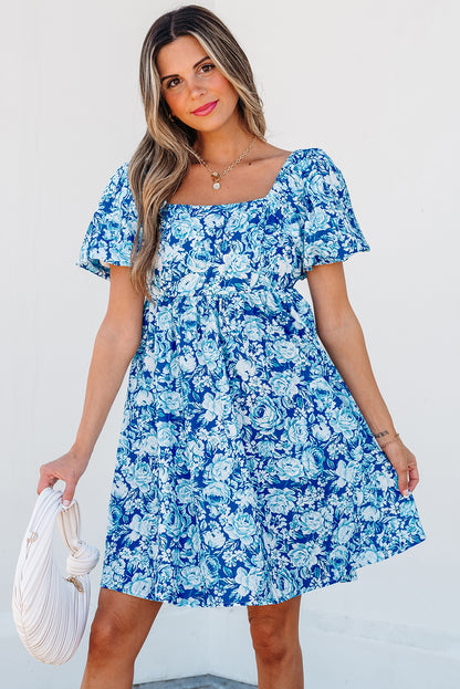 Floral Puff Sleeve Babydoll Mini Dress | Blue