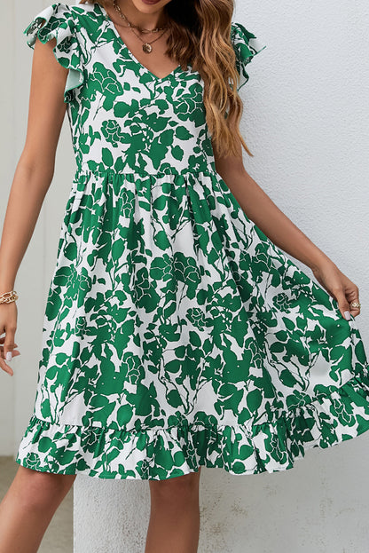 Leaf Print V Neck Flutter Sleeve Dress | Dark Green