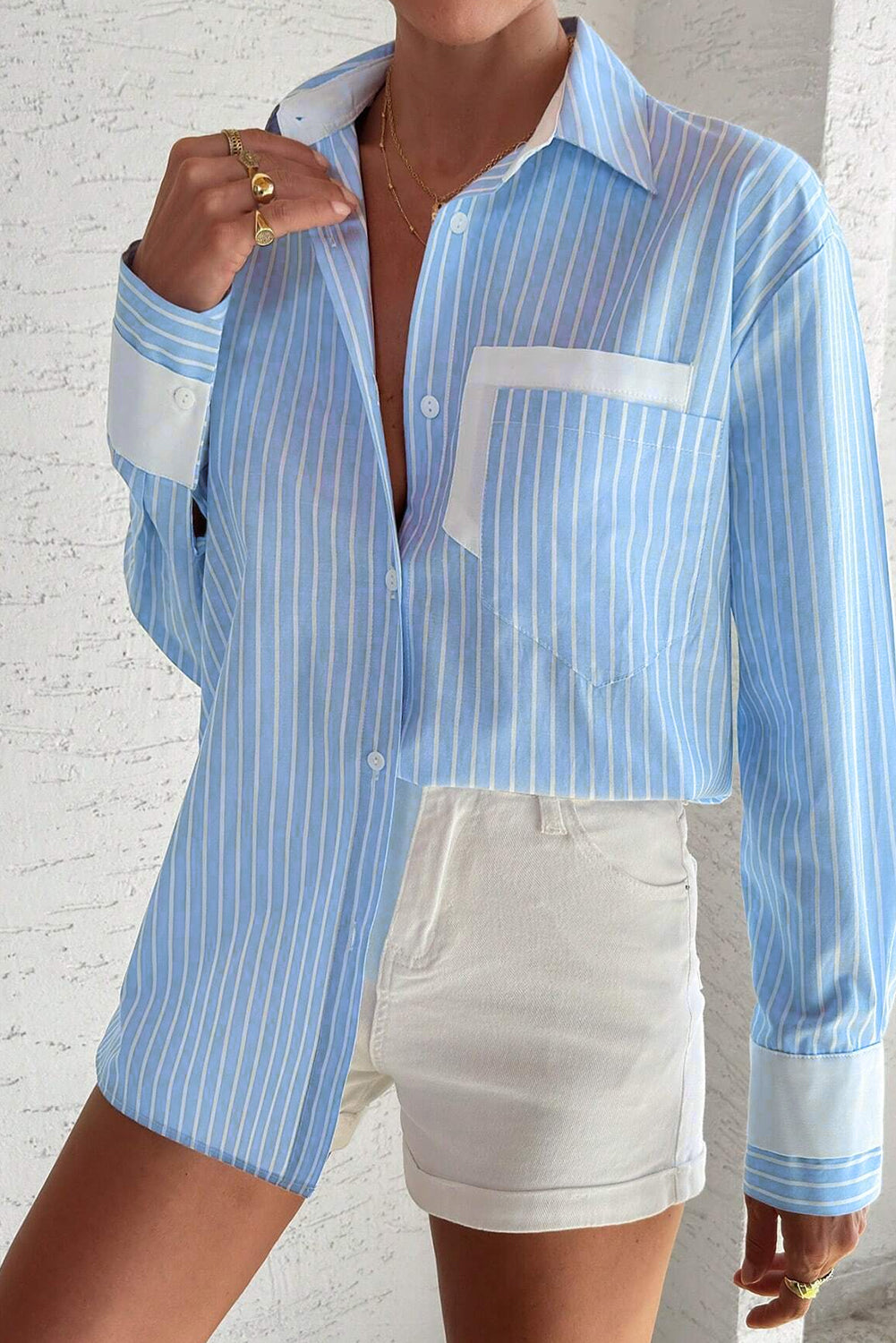 Contrast Patch Pocket Cuffed Sleeve Casual Shirt | Sky Blue Stripe