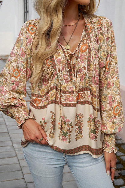 Floral Print Tie Neck Lantern Sleeve Blouse | Yellow