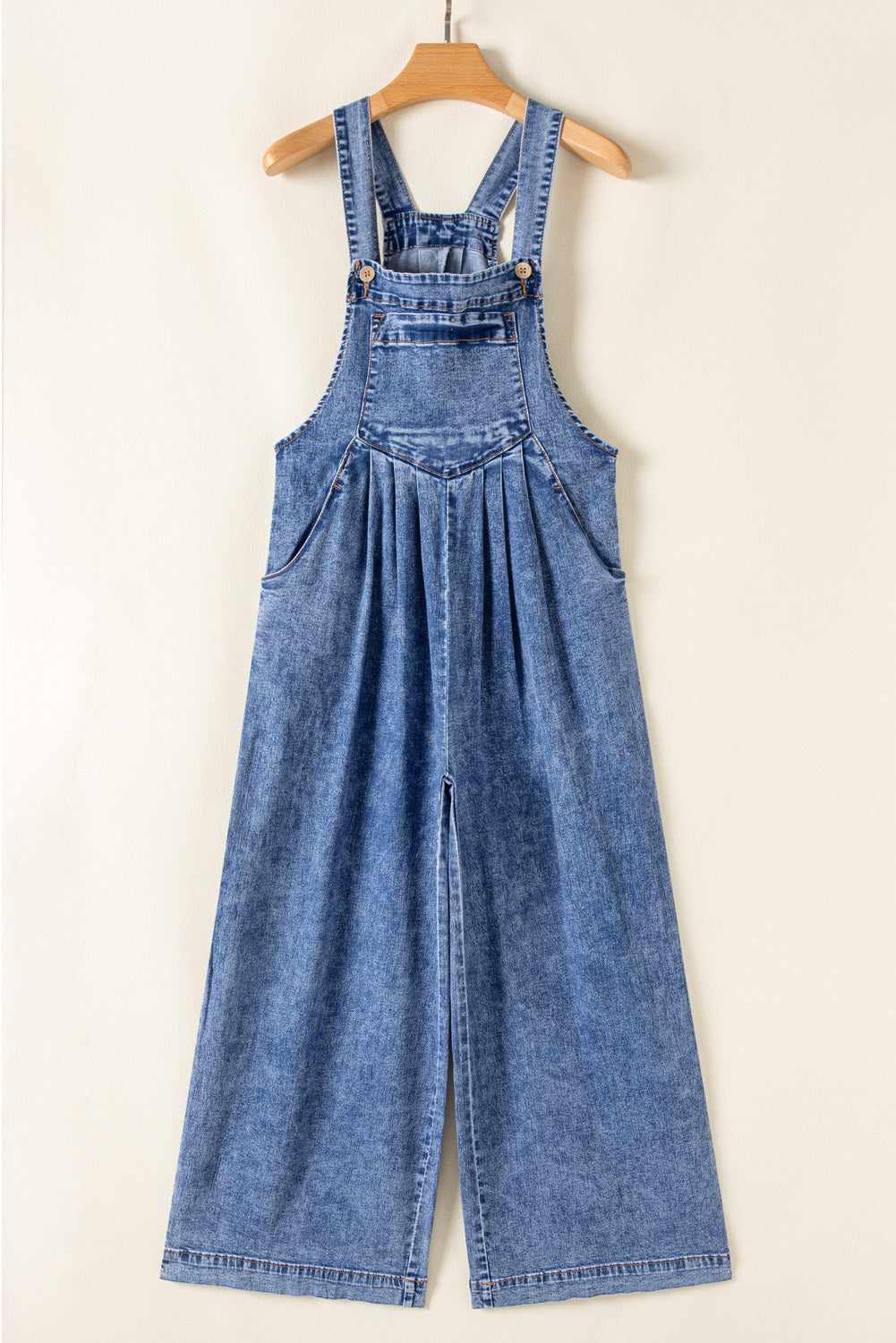 Mineral Wash Buttoned Straps Wide Leg Denim Overalls | Light Blue