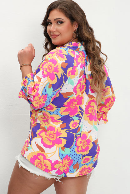 Floral Print Split Neck Short Puff Sleeve Plus Blouse | Rose Red