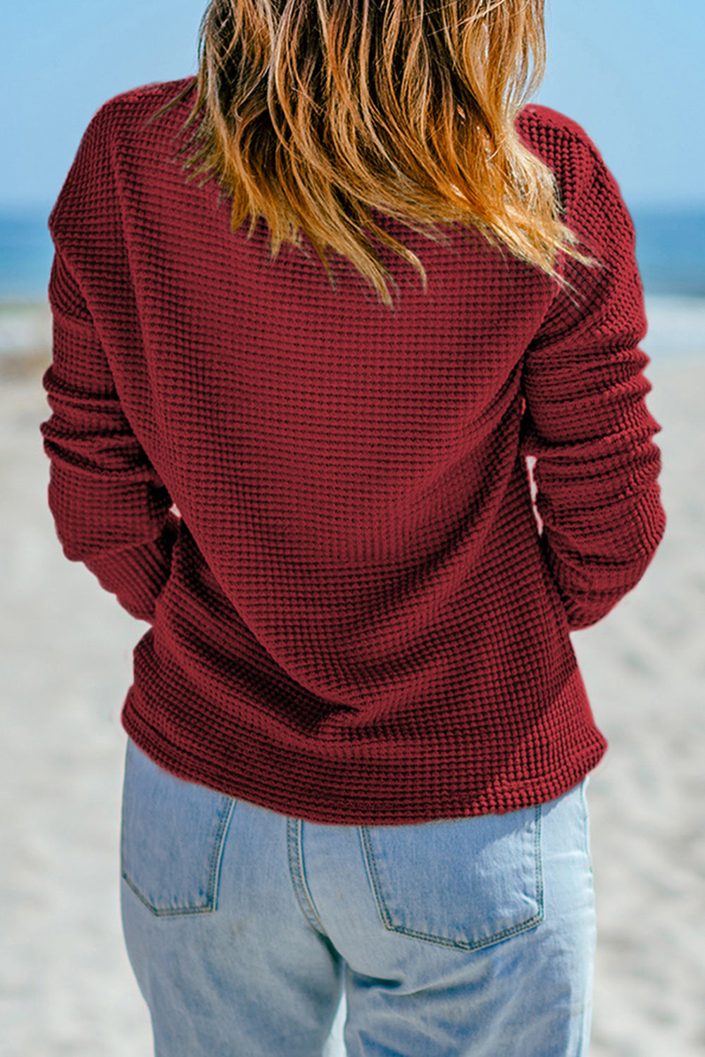 Fiery  Waffle Knit Drop Shoulder Long Sleeve Top | Red