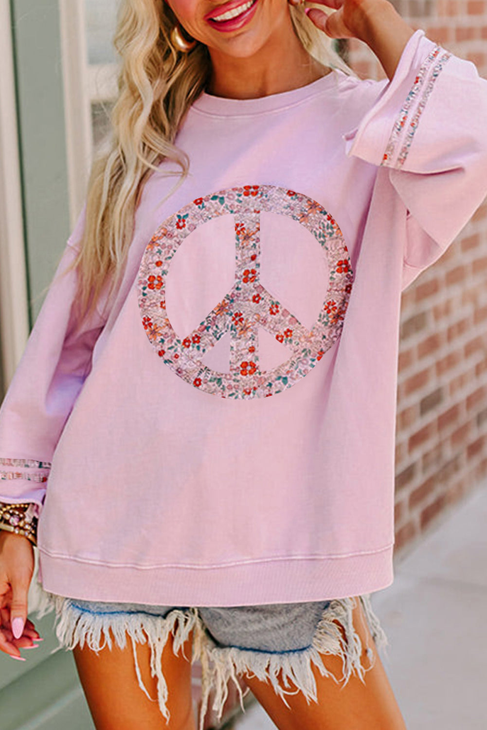 Light Pink Floral Peace Sign Graphic Drop Shoulder Wide Sleeve Casual Top