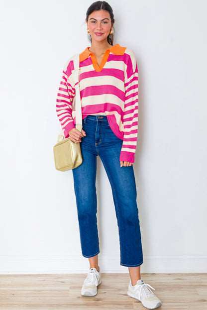 Colour Block Collared V Neck Drop Shoulder Sweater | Rose Stripe