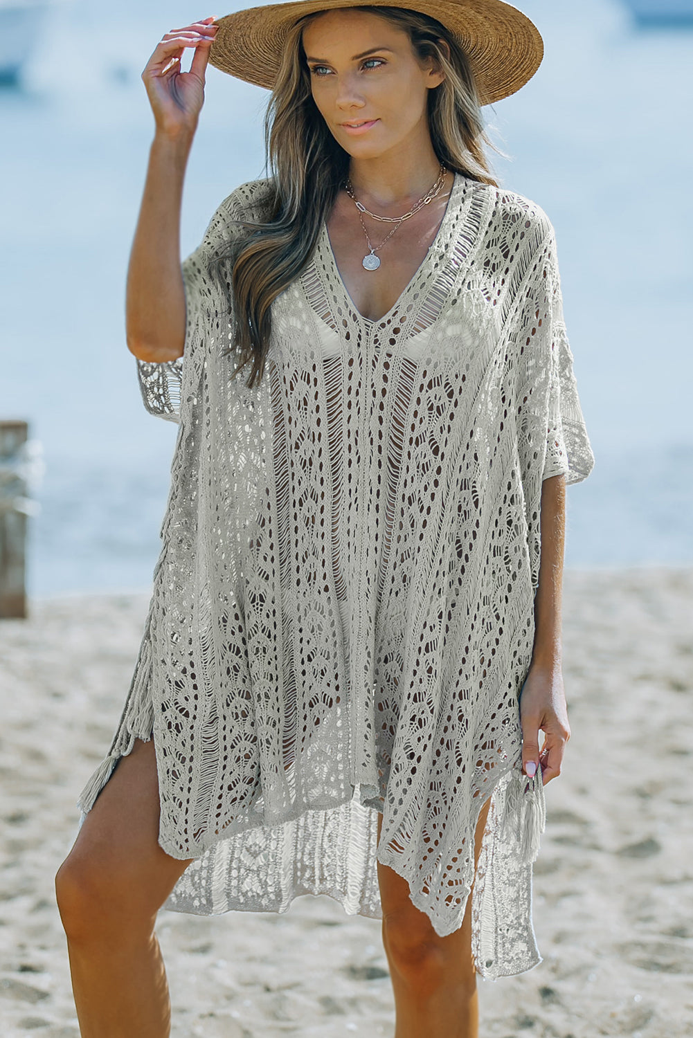 Crochet Knitted Tassel Tie High Low Beachwear | Gray