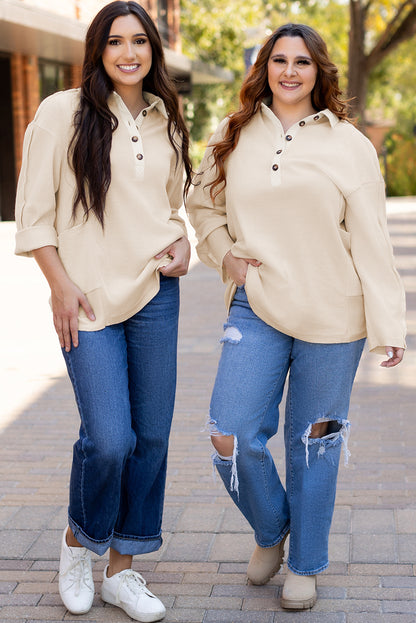 Waffle Long Sleeve Collar Half Button Loose Top | Jet Stream