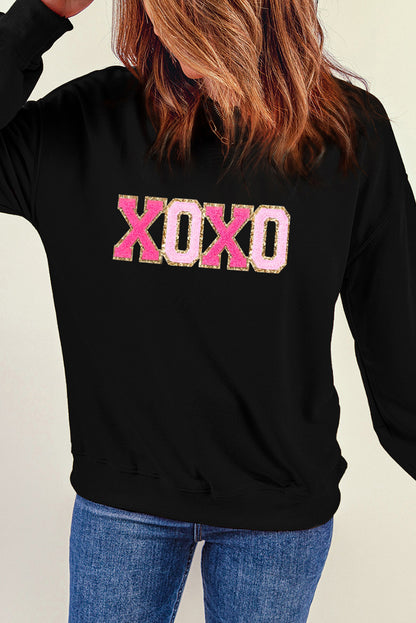 Chenille Xoxo Patched Drop Shoulder Valentines Pullover Sweatshirt | Black