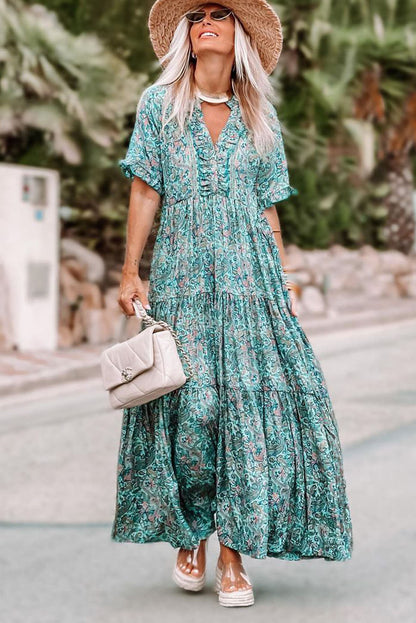 Paisley Print Boho Holiday Ruffle Tiered Maxi Dress | Sky Blue