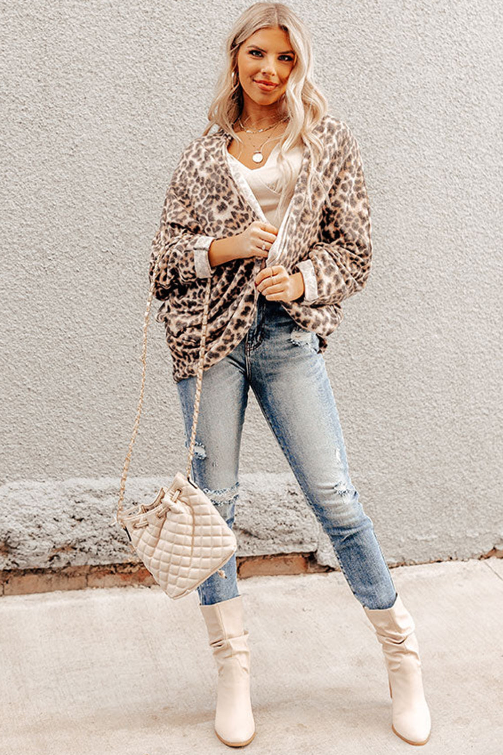 Leopard Print Batwing Sleeve Loose Tunic Cardigan | Khaki