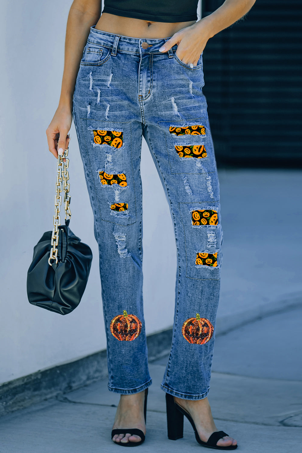 Halloween Pumpkin Patchwork Distressed Straight Leg Jeans | Sky Blue