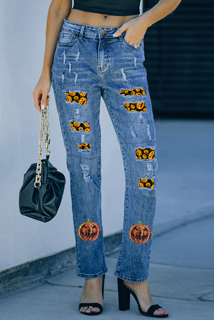 Halloween Pumpkin Patchwork Distressed Straight Leg Jeans | Sky Blue