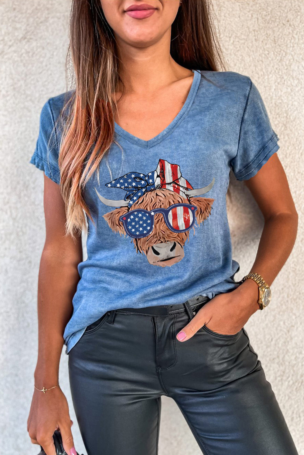 Sky Blue American Flag Cow Head Print V Neck Graphic T Shirt