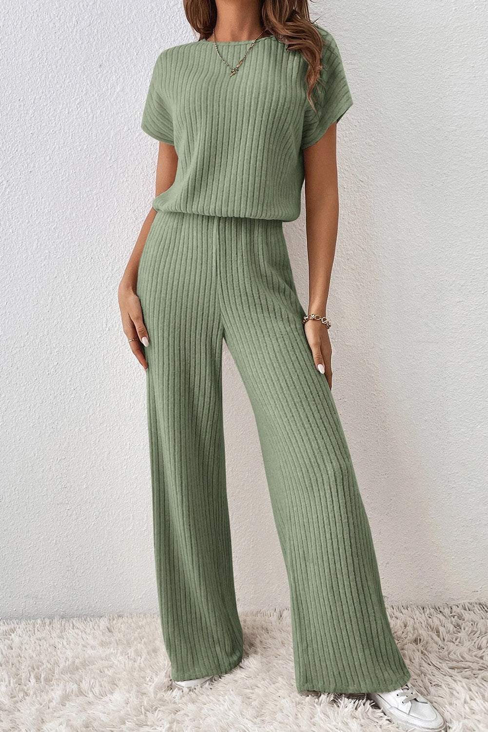 Solid Colour Ribbed Short Sleeve Wide Leg Jumpsuit | Grass Green