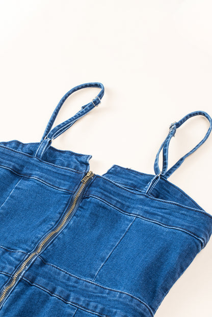 Spaghetti Straps Notch V Denim Jumpsuit | Blue