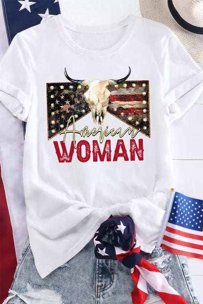 American Woman Bull Skull Graphic T Shirt | White