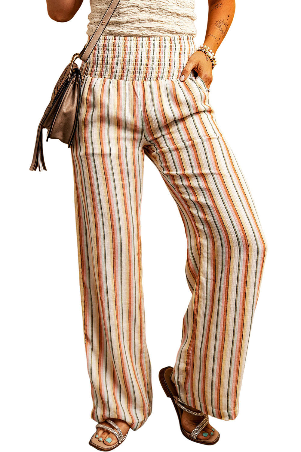 Shirred High Waist Straight Leg Pants | Stripe