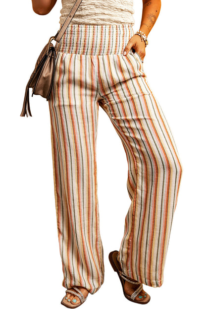 Shirred High Waist Straight Leg Pants | Stripe