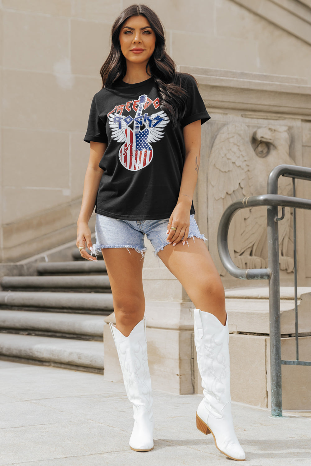 American Flag Guitar Print Crew Neck Tee | Black