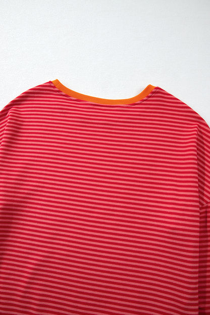 Two Tone Striped Side Buttons Drop Shoulder Top | Tomato Red