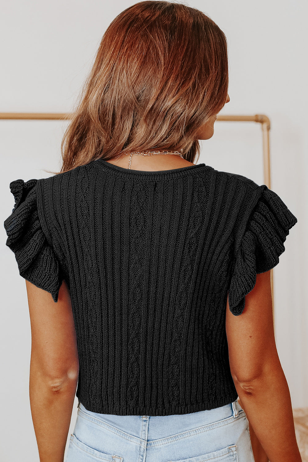 Ruffle Sleeve Cable Knit Top | Black