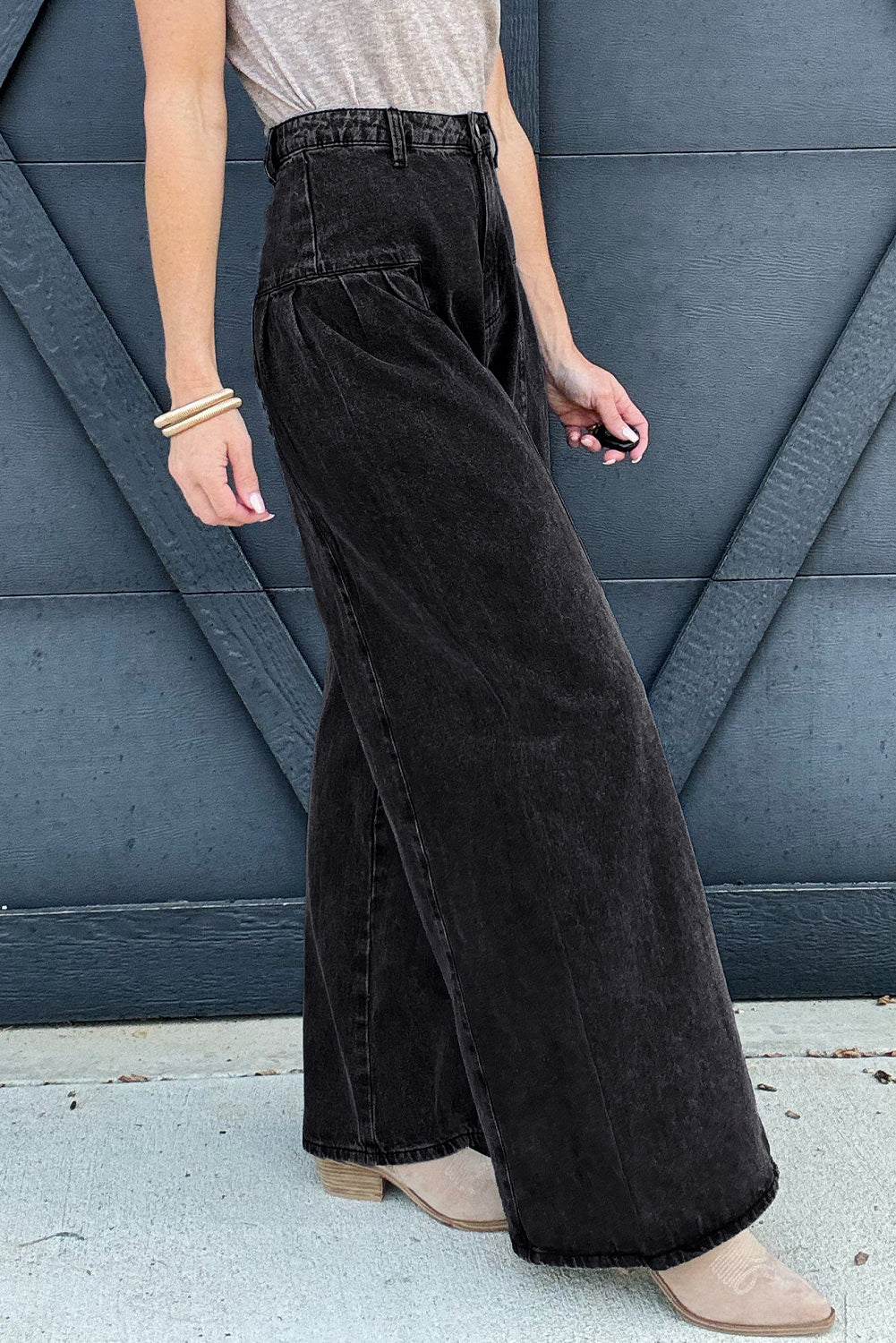 Pleated Wide Leg Mineral Wash Denim Pants | Dark Grey