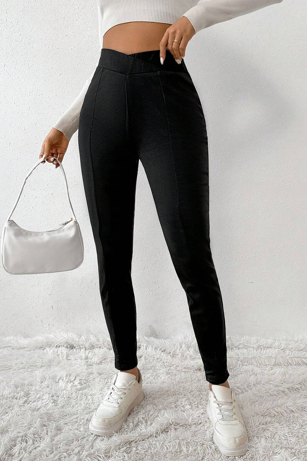 Crossed Waist Seamed Leg Thermal Leggings | Black