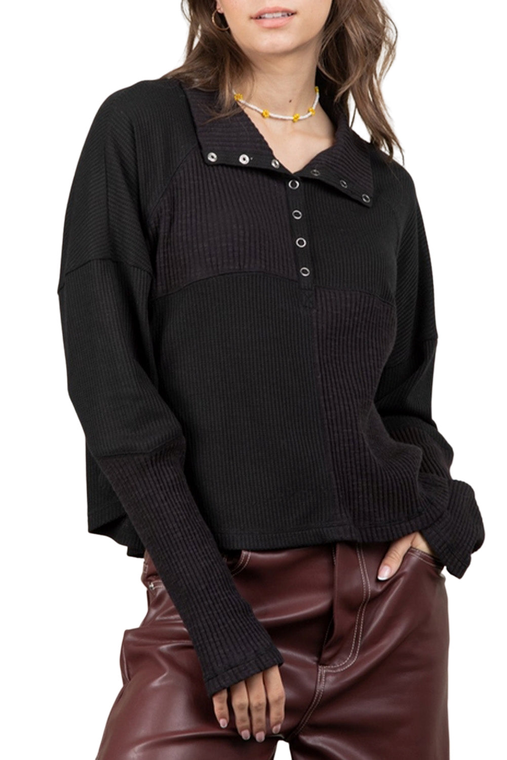 Ribbed Knit Snap Button Long Sleeve Top | Black