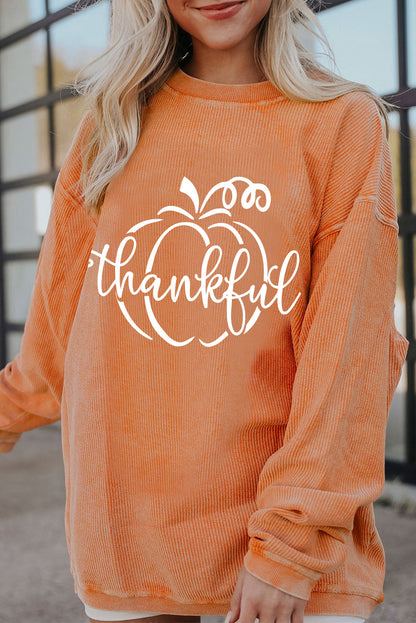 Pumpkin Thankful Graphic Corded Thanksgiving Sweatshirt | Orange