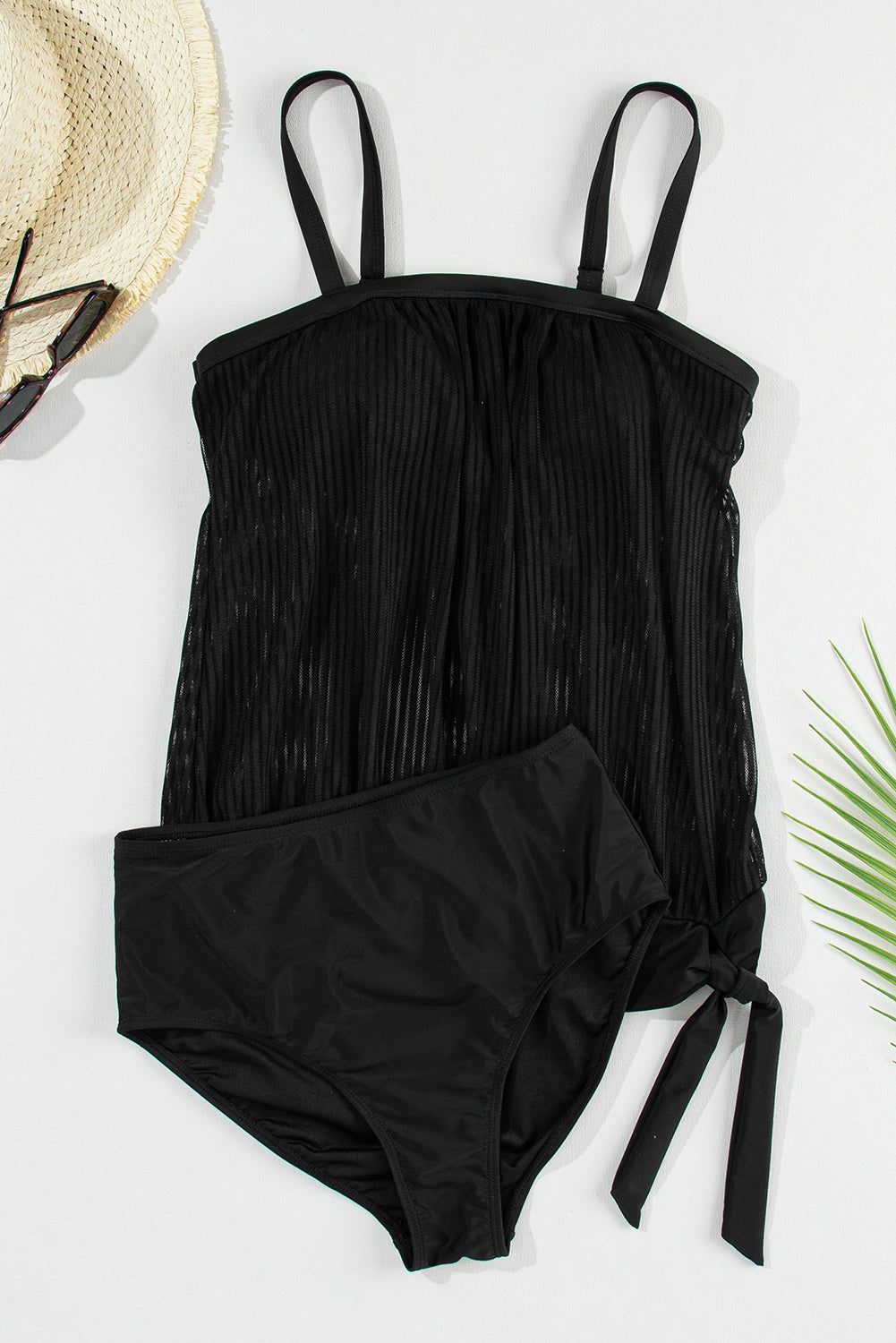 Striped Mesh Knotted Hem Tankini Swimsuit | Black