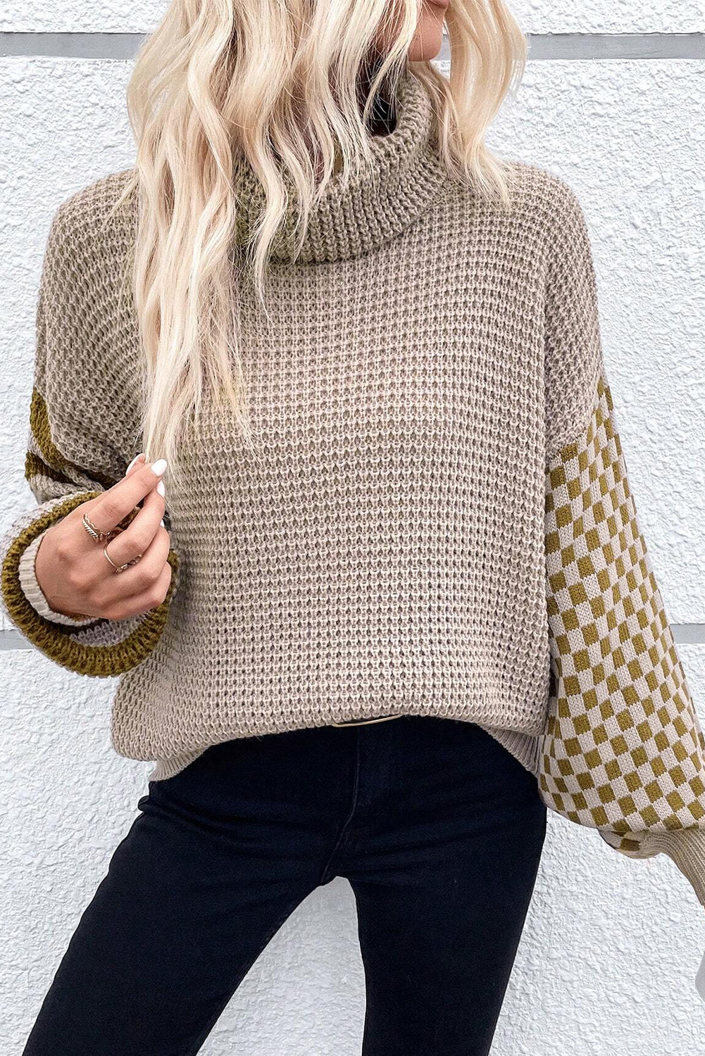 Striped Plaid Patchwork Waffle Knit Turtleneck Sweater | Smoke Gray