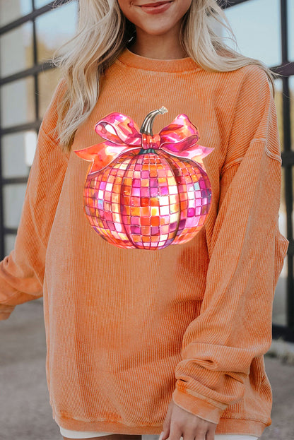 Bow Pumpkin Graphic Crewneck Corded Thanksgiving Sweatshirt | Orange