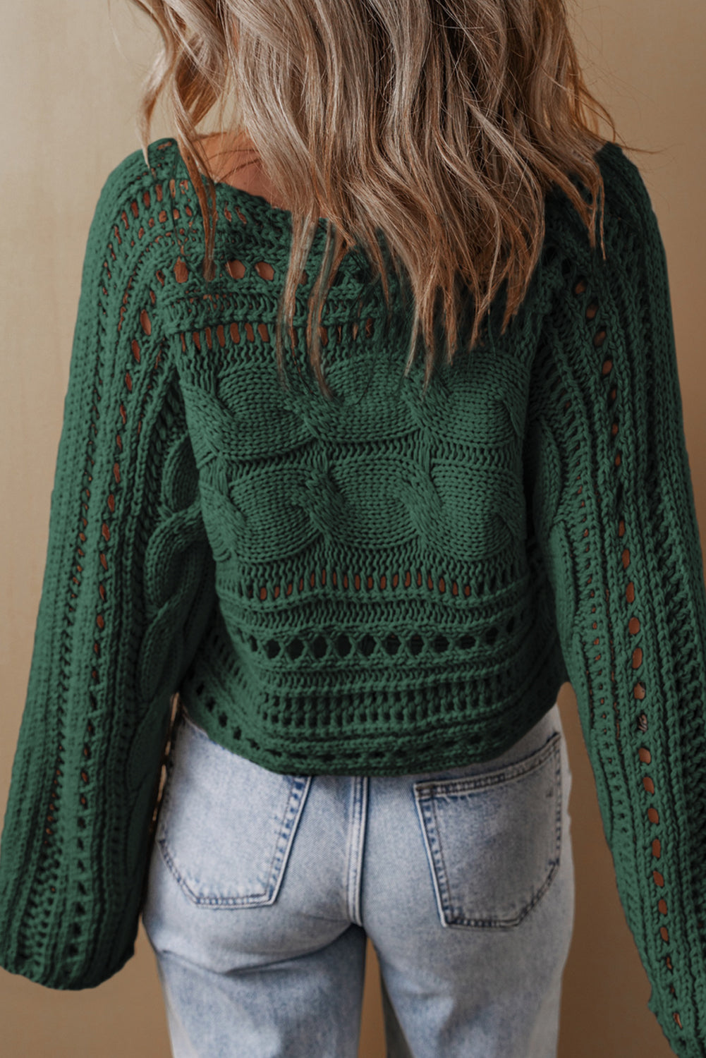 Hollow-Out Cable Knit Cropped Sweater | Blackish Green