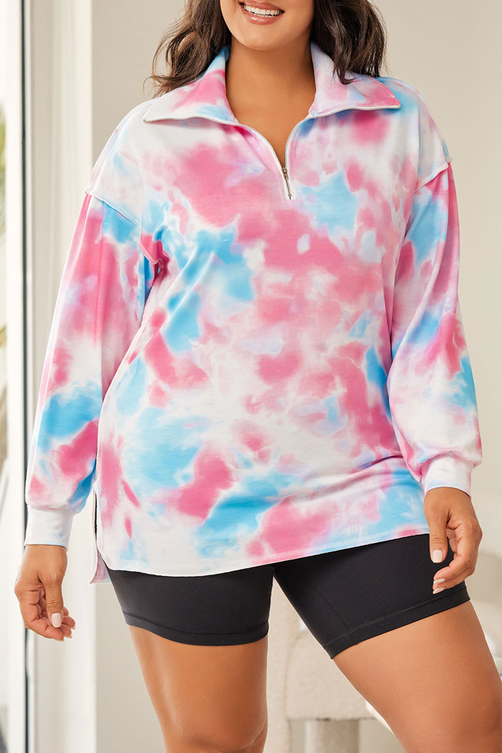 Plus Size Tie-Dye Zipped Collared Pullover Sweatshirt | Multicolour