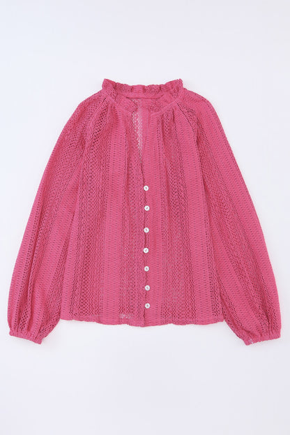 V-Neck Long Sleeve Button Up Lace Shirt | Rose