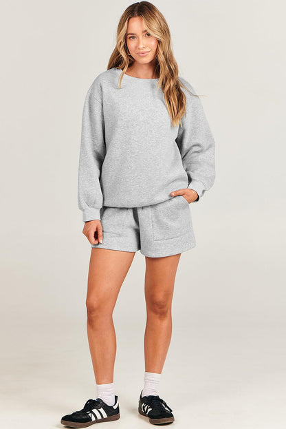 Solid Pullover Sweatshirt And Shorts 2 Piece Set | Light Grey