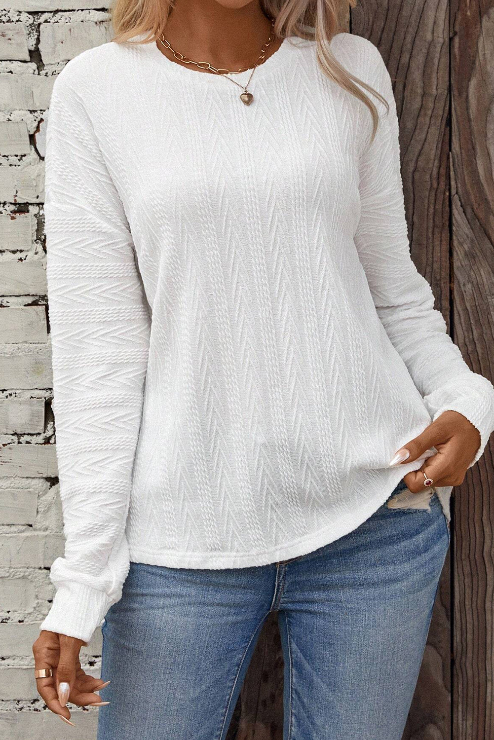 Round Neck Drop Shoulder Textured Knit Top | White