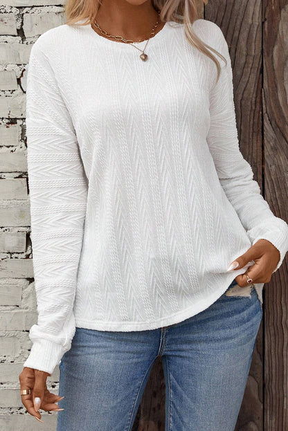 Round Neck Drop Shoulder Textured Knit Top | White