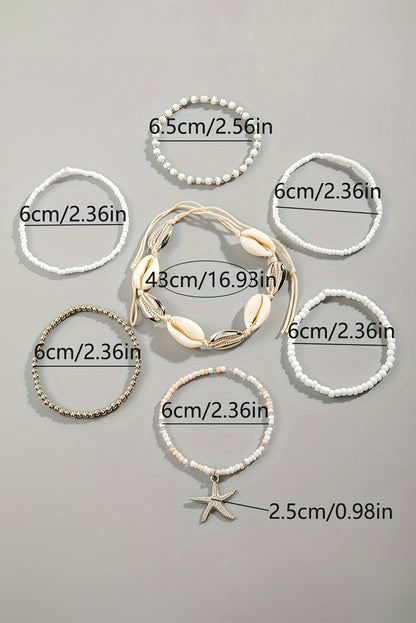 7Pcs Starfish Seashell Beaded Bracelet Set | White