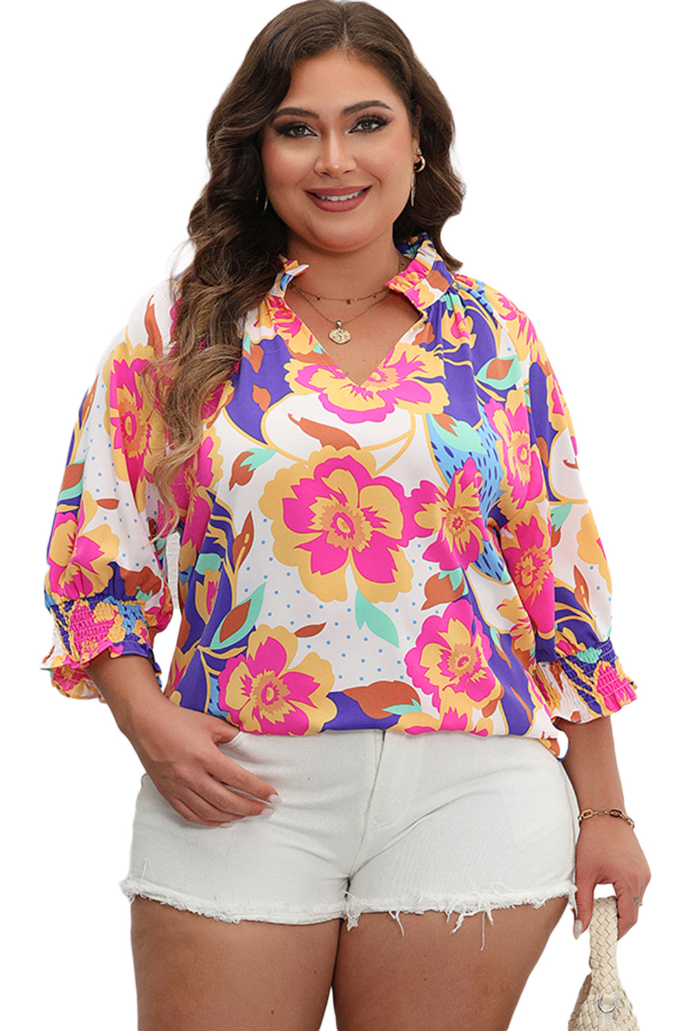 Floral Print Split Neck Short Puff Sleeve Plus Blouse | Rose Red