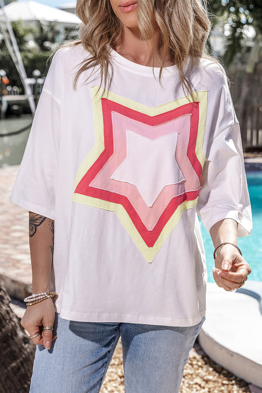 Colourblock Star Patched Half Sleeve Oversized Tee | White