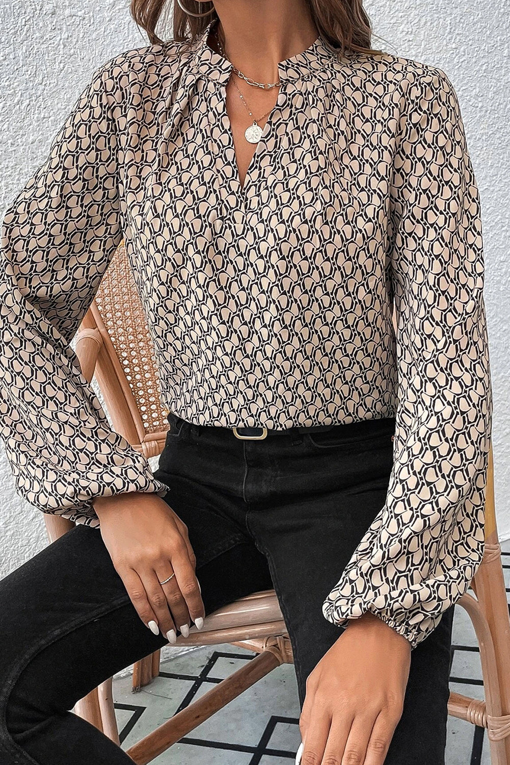 Geometric Print Notched Neck Puff Sleeve Blouse | Khaki