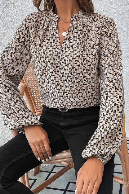 Geometric Print Notched Neck Puff Sleeve Blouse | Khaki