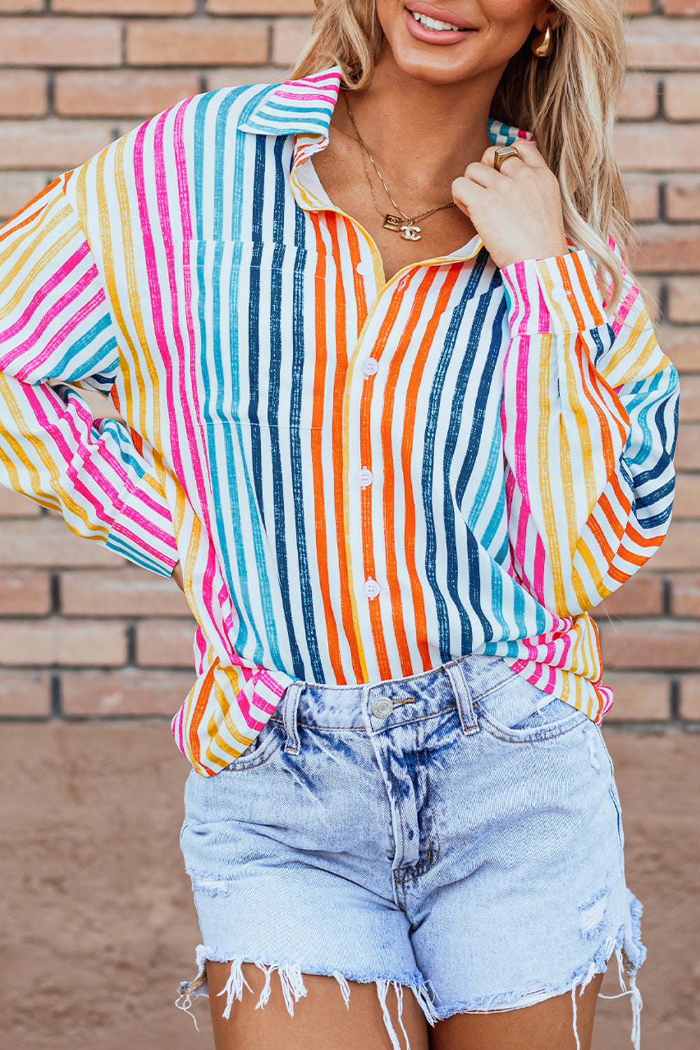 Multicolour Drop Shoulder Loose Shirt | Orange Stripe