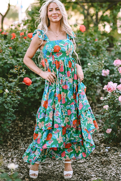 Floral Print Sleeveless Ruffle Tiered Maxi Dress | Green