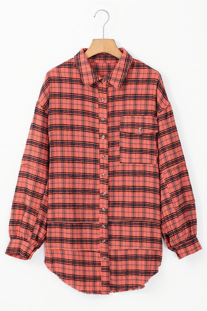 Plaid Long Sleeeve Side Split Distressed Hem Shirt | Red