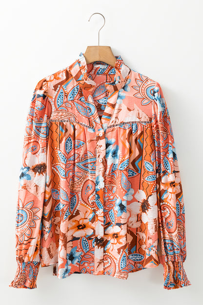 Floral Print Shirred Cuff Buttoned Loose Shirt | Orange