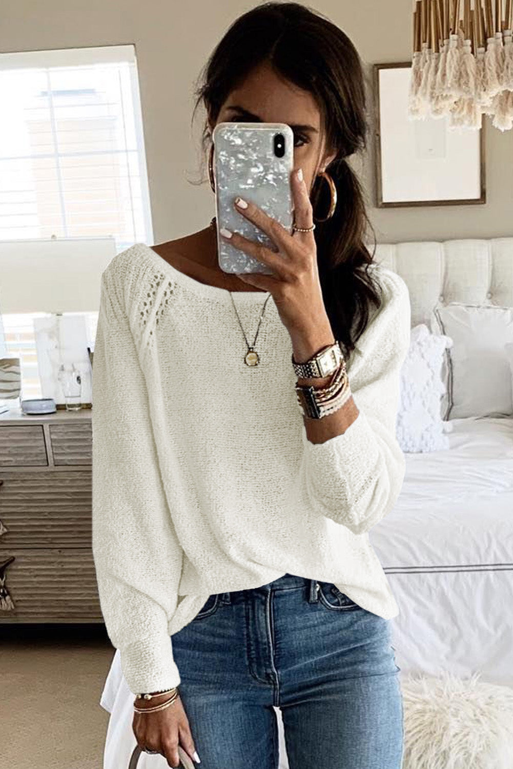 Long Sleeve Cutout Shoulder Relaxed Sweater | White