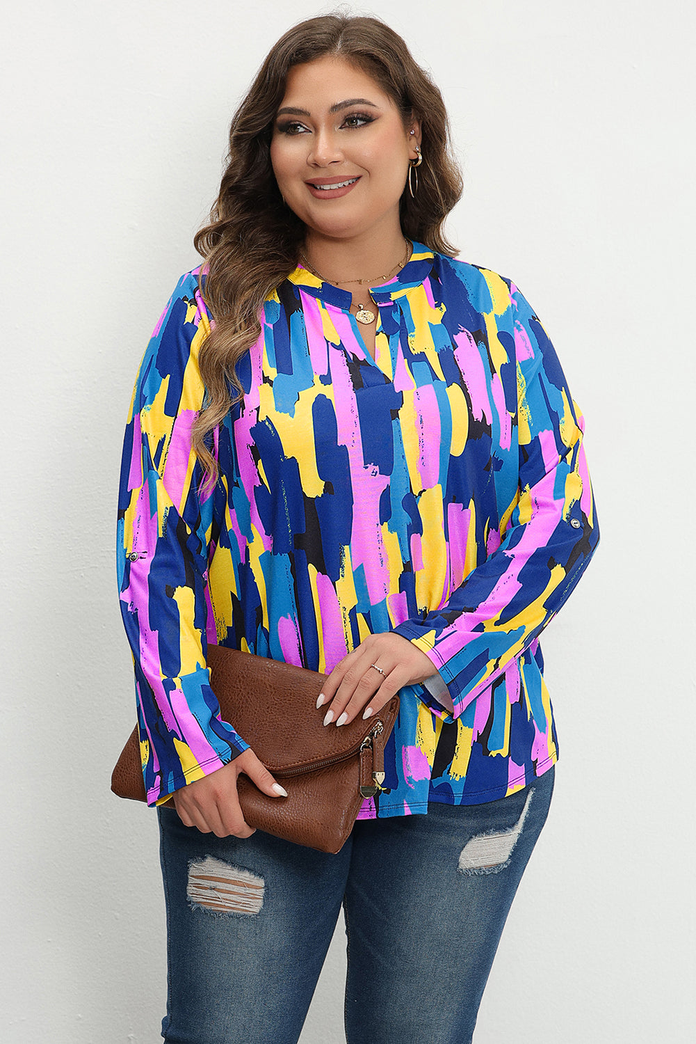 Plus Size Brushstroke Print 3/4 Sleeve Blouse | Blue